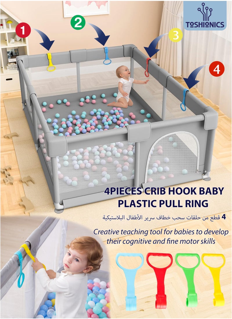 Baby Playpen with 50 Pieces Balls and 4 Baby Pull Ring Crib Hooks- 180x150cm Infant Indoor and Outdoor Kids Activity Centre Foldable Safety Fence Portable Play Dens for Kids and Toddlers Easy to Fold Play Yard, Grey