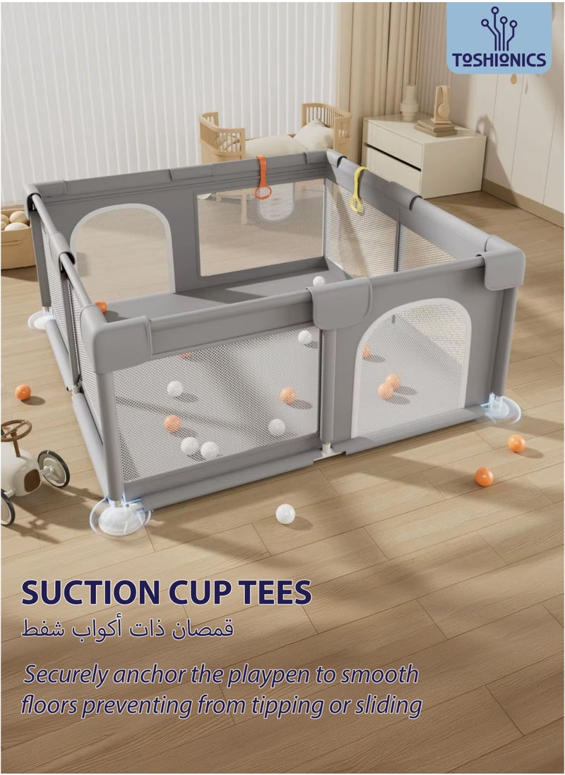 Baby Playpen with 50 Pieces Balls and 4 Baby Pull Ring Crib Hooks- 180x150cm Infant Indoor and Outdoor Kids Activity Centre Foldable Safety Fence Portable Play Dens for Kids and Toddlers Easy to Fold Play Yard, Grey