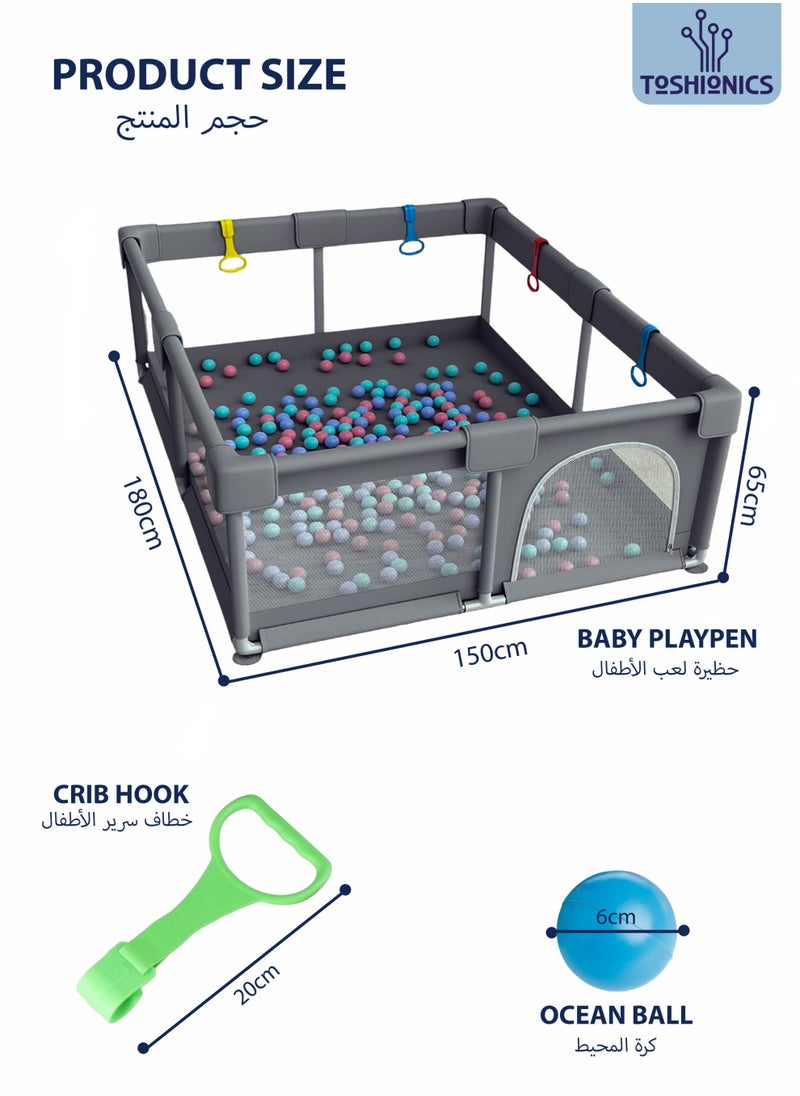 Baby Playpen with 50 Pieces Balls and 4 Baby Pull Ring Crib Hooks- 180x150cm Infant Indoor and Outdoor Kids Activity Centre Foldable Safety Fence Portable Play Dens for Kids and Toddlers Easy to Fold Play Yard, Grey