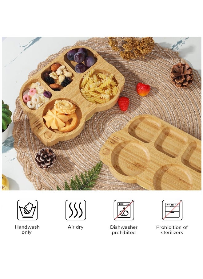 Bamboo Suction Toddler Plate Set with Spoon and Fork, Car Design Divided Plate, BPA Free, Yellow Color for Kids
