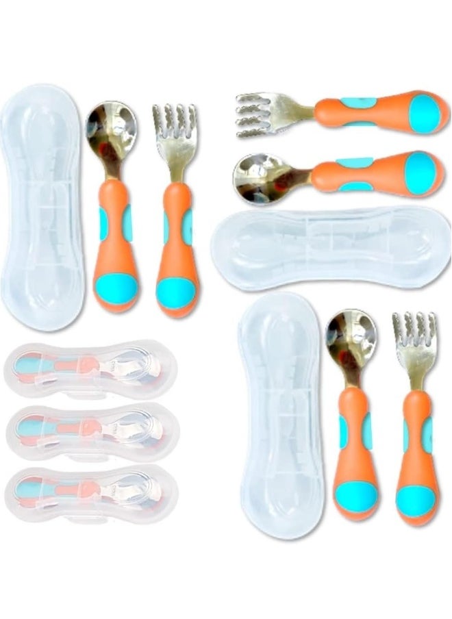 Stainless Steel Fork Spoon with Travel Case Metal Cutlery for 1 2 3 4 Years Old Baby Boy Girl Round Handle for Lunch-Box 6 Pieces