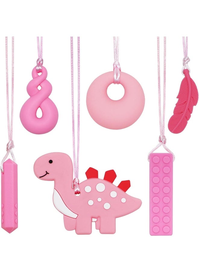 MaberryTech Direct Chew Necklace for Sensory Kids Girls, 5 Pack Chewy Necklace Sensory Chew Toys for Autistic Children or Adults with ADHD, SPD, Anxiety, Silicone Pink Dinosaur Stim Toy - BPA Free