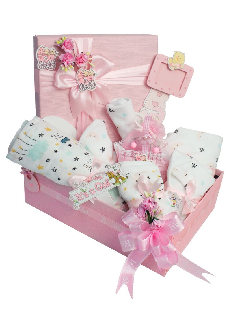 Baby Gift Set - Newborn Baby Shower Gift for Boys & Girls, Cloud & Star / Moon & Star Print Baby Hamper, Newborn Essentials Include Swaddle, Sleepsuit, Bodysuit, Bib, Burp Cloth, Hats, Wooden Frame, Basket