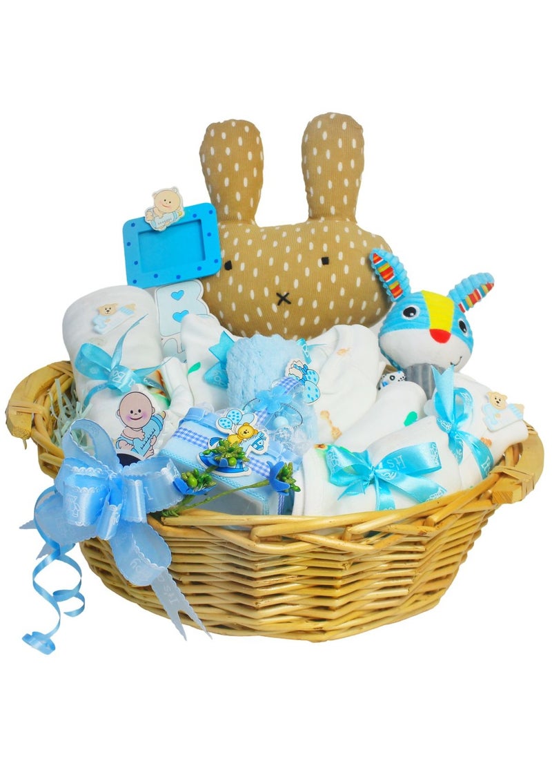 Set of 11 pcs new born baby essential Baby Gift Set - Newborn Baby Shower Gift for Boys & Girls, Green Teddy & Rainbow with Toys Print Baby Hamper, Newborn Essentials Include Swaddle, Sleepsuit, Bodysuit, Bib, Burp Cloth, Hats, Bunny Toy, Rabbit Rattle Toy, Wooden Frame, Basket