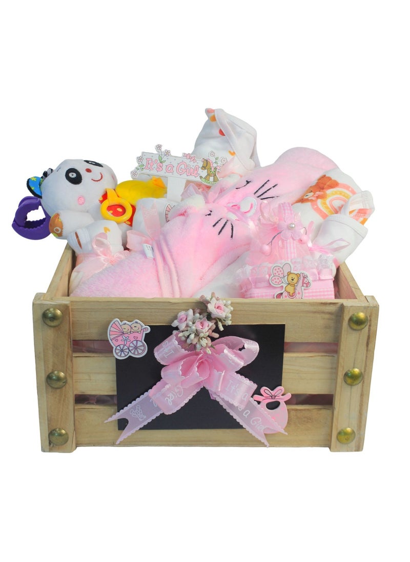 Set of 10 pcs new born baby essential Baby Gift Set - Newborn Baby Shower Gift for Boys & Girls, Pink Teddy & Rainbow Heart Print Baby Hamper, Newborn Essentials Include Swaddle, Sleepsuit, Bodysuit, Bib, Burp Cloth, Hats, Blanket, Vibrate Voice Panda Toy, Basket
