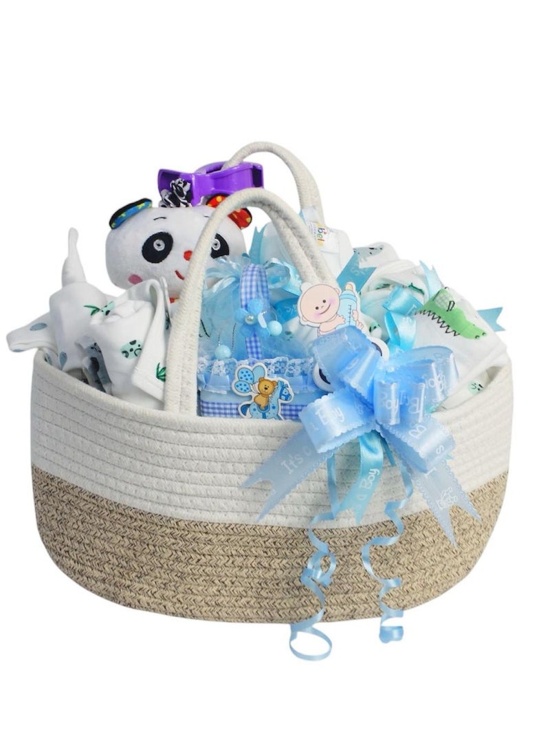Baby Gift Set - Newborn Baby Shower Gift for Boys & Girls, Dinosaur Print & Grass and Stone Print Baby Hamper, Newborn Essentials Include Swaddle, Sleepsuit, Bodysuit, Bib, Burp Cloth, Hat, Vibrate Panda Toy, Basket