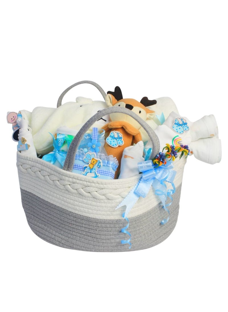 Baby Gift Set - Newborn Baby Shower Gift for Boys & Girls, Green Teddy & Rainbow with Reindeer Toy Baby Hamper, Newborn Essentials Include Swaddle, Sleepsuit, Bodysuit, Bib, Burp Cloth, Hat, Towel, Reindeer Toy, Basket