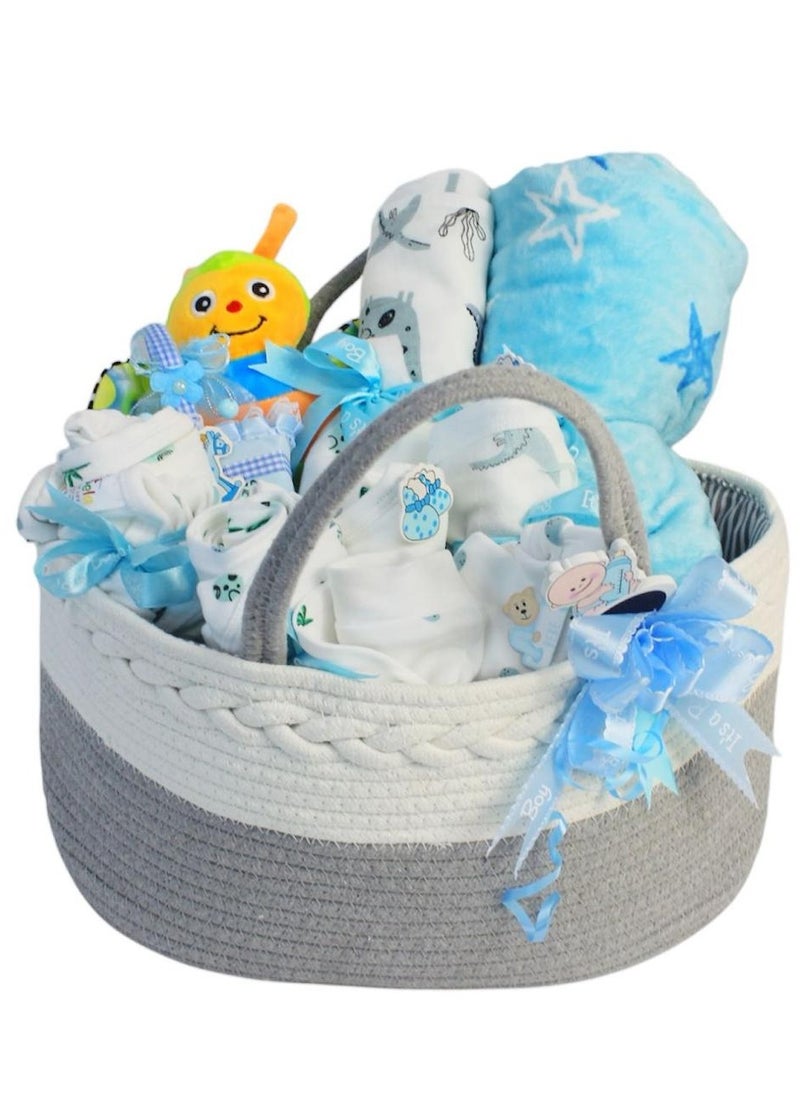 Set of 9 pcs new born baby essential Baby Gift Set - Newborn Baby Shower Gift for Boys & Girls, Dinosaur Print & Grass and Stone Print Baby Hamper, Newborn Essentials Include Swaddle, Sleepsuit, Bodysuit, Bib, Burp Cloth, Hat, Blanket, Mechanical Musical Honey Bee Toy, Basket