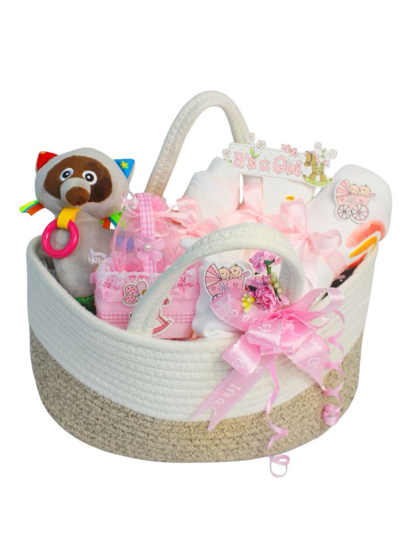 Set of 8 pcs new born baby essential Baby Gift Set - Newborn Baby Shower Gift for Boys & Girls, Pink Teddy Newborn Baby Hamper, Newborn Essentials Include Plush Raccoon Toy, Swaddle, Sleepsuit, Bodysuit, Burp Cloth, Bib, Hat, Basket