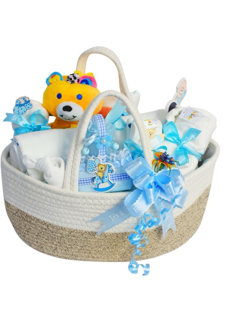 Baby Gift Set - Newborn Baby Shower Gift for Boys & Girls, Blue Teddy & Yellow Star Print Baby Hamper, Newborn Essentials Include Swaddle, Sleepsuit, Bodysuit, Bib, Burp Cloth, Hat, Vibrate Bear Toy, Basket