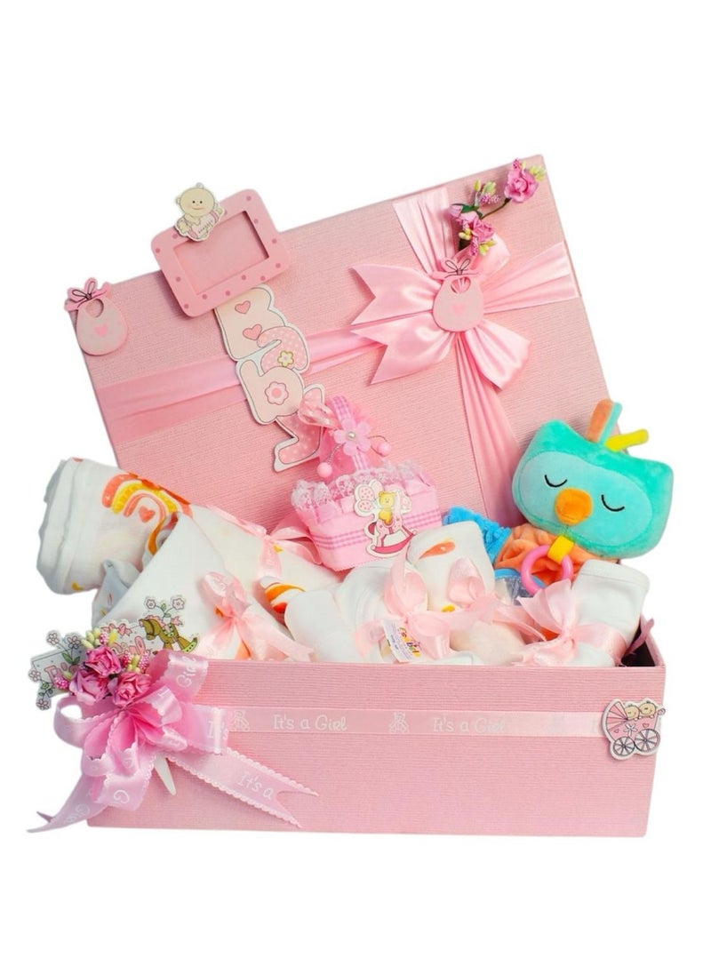 Baby Gift Set - Newborn Baby Shower Gift for Boys & Girls, Pink Teddy & Rainbow Heart Print Baby Hamper, Newborn Essentials Include Swaddle, Sleepsuit, Bodysuit, Bib, Burp Cloth, Hats, Owl Hand Puppet Toy, Wooden Frame