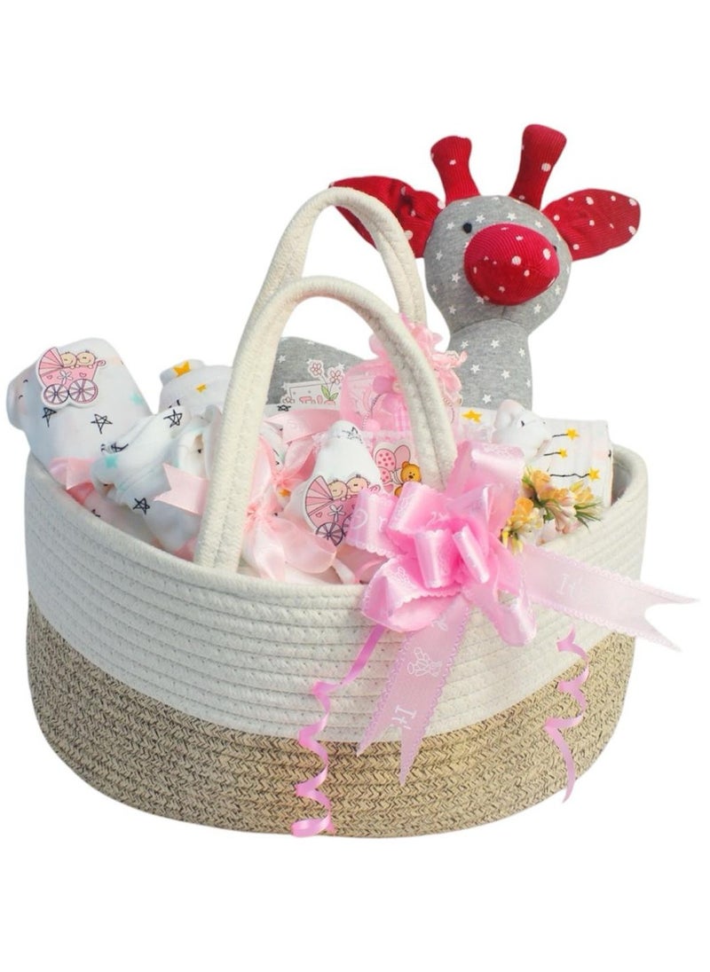 Baby Gift Set - Newborn Baby Shower Gift for Boys & Girls, Pink Teddy & Pink Rainbow Heart Print Baby Hamper, Newborn Essentials Include Swaddle, Sleepsuit, Bodysuit, Bib, Burp Cloth, Cap, Giraffe Toy, Reusable Bag
