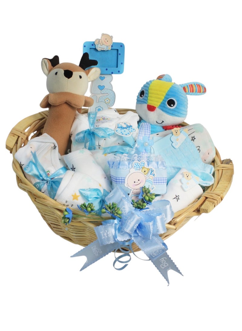 Baby Gift Set - Newborn Baby Shower Gift for Boys & Girls, Cloud & Star / Moon & Star Baby Hamper, Newborn Essentials Include Swaddle, Sleepsuit, Bodysuit, Bib, Burp Cloth, Hats, Vibrate Rattle with Teether, Reindeer Soft Toy, Wooden Frame