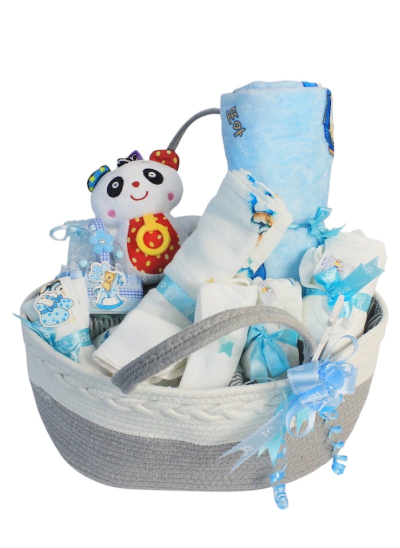 Baby Gift Set - Newborn Baby Shower Gift for Boys & Girls, Dinosaur & Grass and Stone Print Baby Hamper, 100% Cotton Newborn Essentials Include Swaddle, Sleepsuit, Bodysuit, Bib, Burp Cloth, Hats, Blanket, Vibrate Voice Panda Toy, Basket