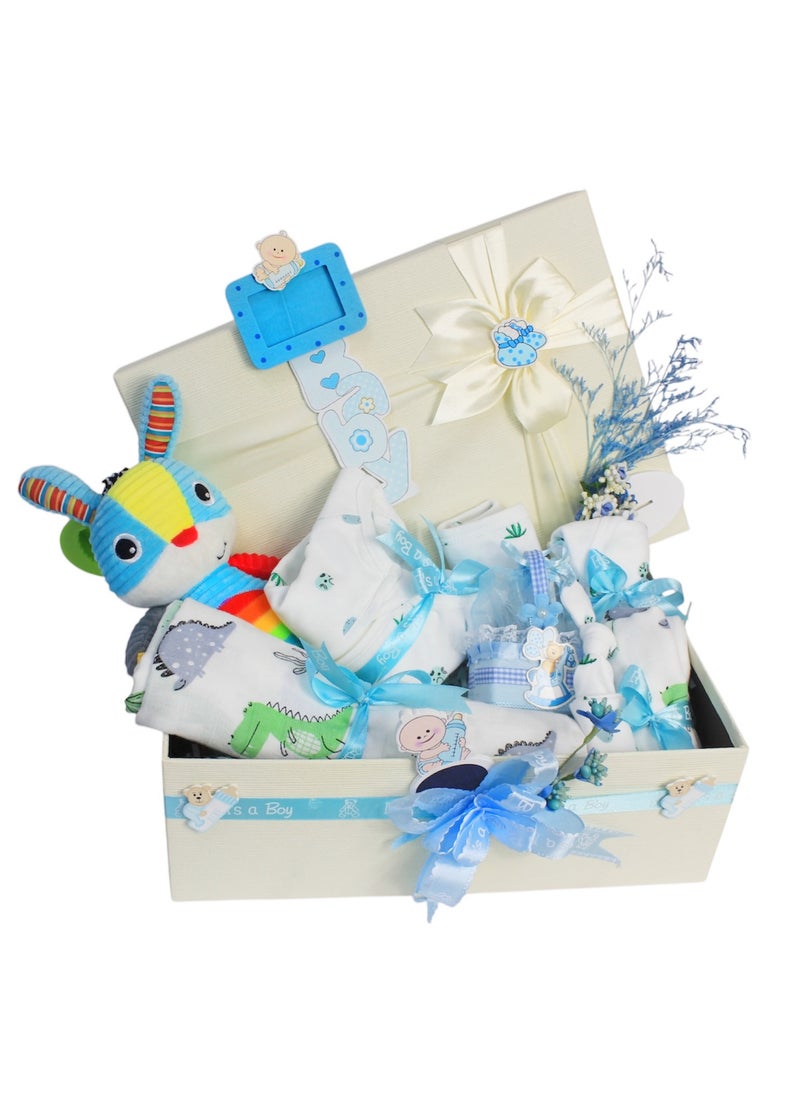Baby Gift Set - Newborn Baby Shower Gift for Boys & Girls, Dinosaur & Grass and Stone Print Baby Hamper, Newborn Essentials Include Swaddle, Sleepsuit, Bodysuit, Bib, Burp Cloth, Hats, Rabbit Rattle Toy, Wooden Frame, Basket