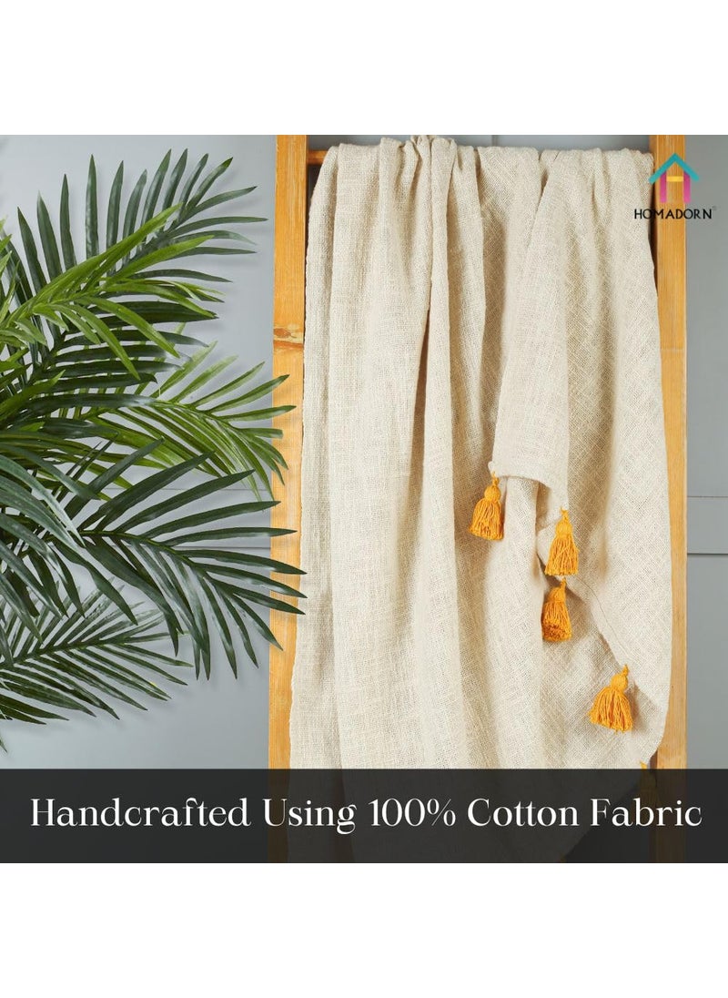 HOMADORN 100 Cotton Off White Throw 300 TC Blanket with Handmade Colorful Tassel for Sofa Bed Couch 50 X 60 Iches Mustard