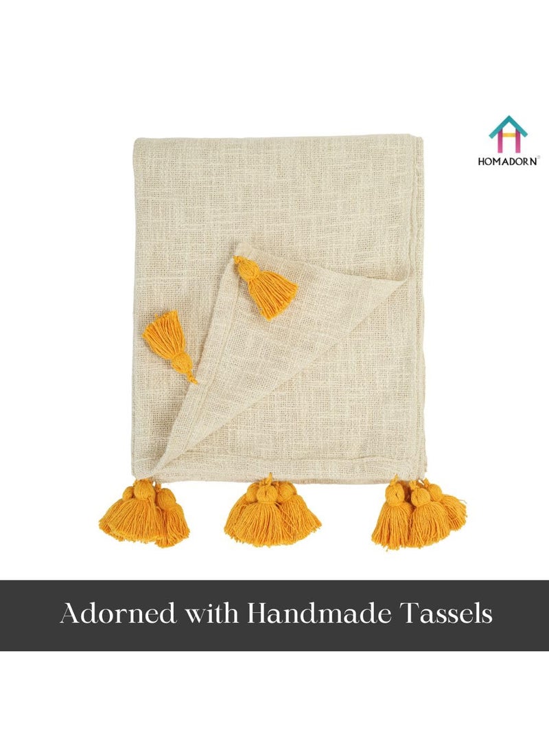 HOMADORN 100 Cotton Off White Throw 300 TC Blanket with Handmade Colorful Tassel for Sofa Bed Couch 50 X 60 Iches Mustard
