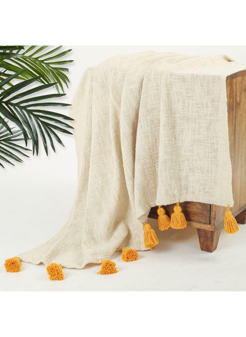 HOMADORN 100 Cotton Off White Throw 300 TC Blanket with Handmade Colorful Tassel for Sofa Bed Couch 50 X 60 Iches Mustard