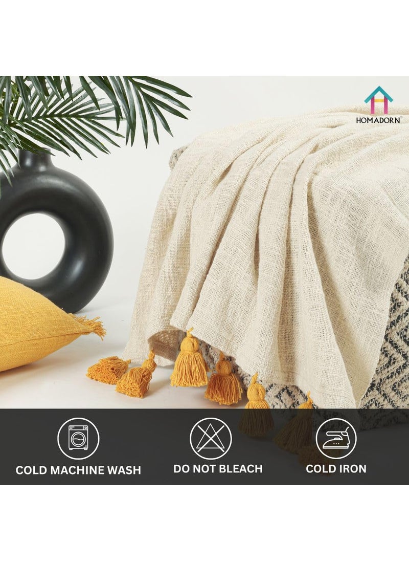 HOMADORN 100 Cotton Off White Throw 300 TC Blanket with Handmade Colorful Tassel for Sofa Bed Couch 50 X 60 Iches Mustard