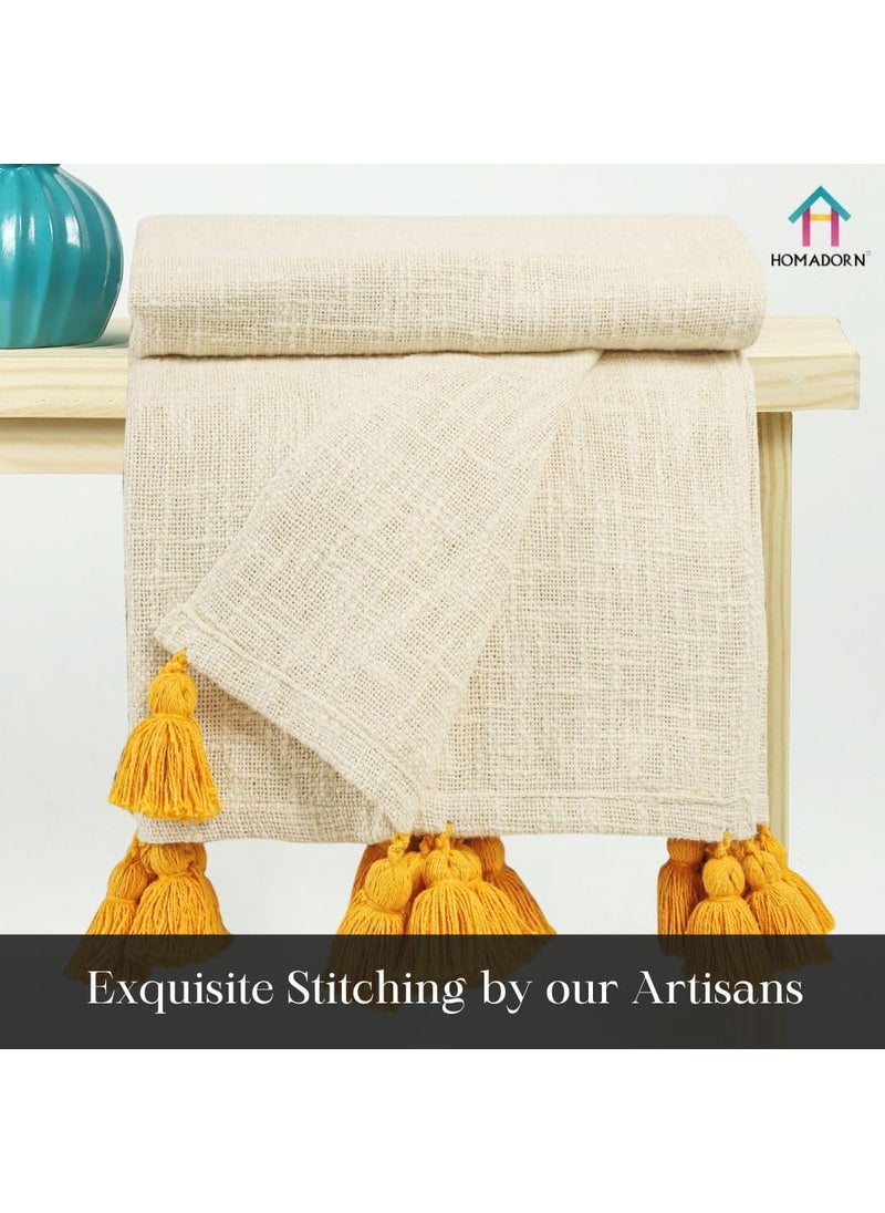 HOMADORN 100 Cotton Off White Throw 300 TC Blanket with Handmade Colorful Tassel for Sofa Bed Couch 50 X 60 Iches Mustard
