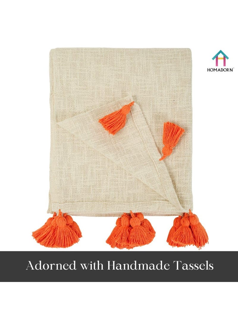 HOMADORN 100 Cotton Off White Throw Blanket with Handmade Colorful Tassel for Sofa Bed Couch 50 x 60 iches Orange