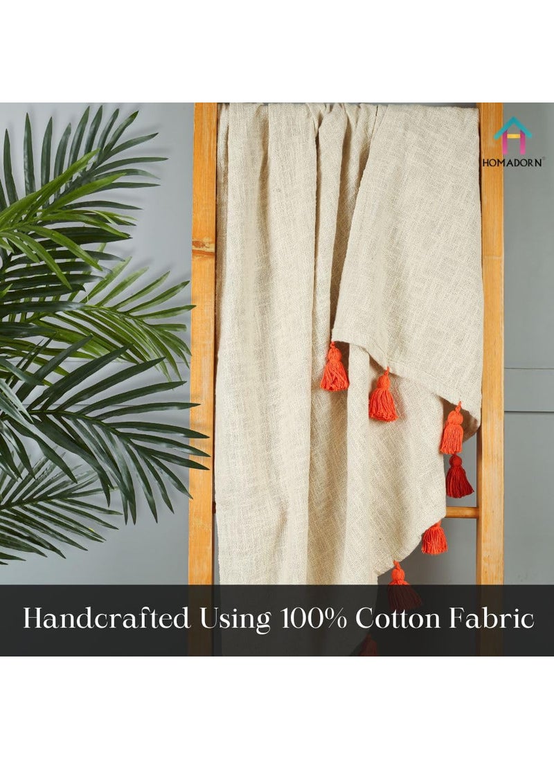 HOMADORN 100 Cotton Off White Throw Blanket with Handmade Colorful Tassel for Sofa Bed Couch 50 x 60 iches Orange
