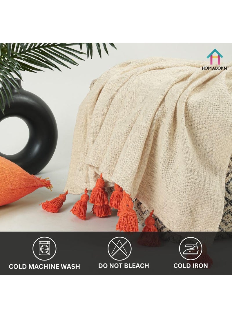 HOMADORN 100 Cotton Off White Throw Blanket with Handmade Colorful Tassel for Sofa Bed Couch 50 x 60 iches Orange
