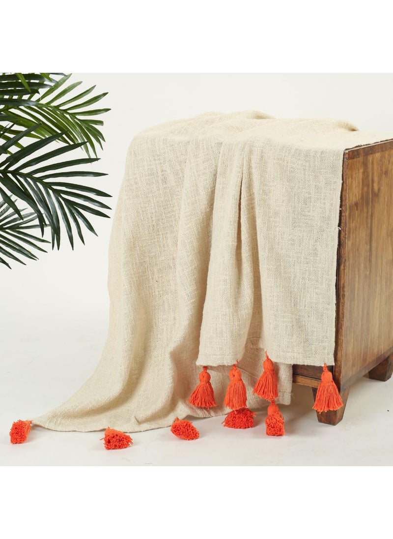 HOMADORN 100 Cotton Off White Throw Blanket with Handmade Colorful Tassel for Sofa Bed Couch 50 x 60 iches Orange