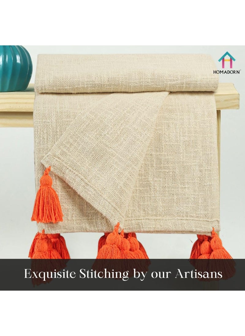 HOMADORN 100 Cotton Off White Throw Blanket with Handmade Colorful Tassel for Sofa Bed Couch 50 x 60 iches Orange