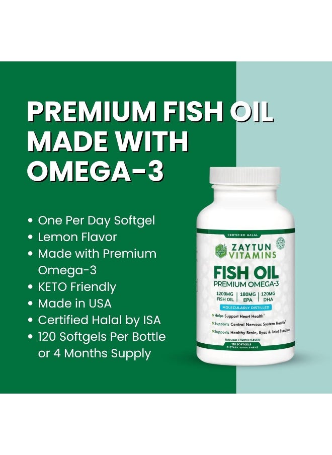 Fish Oil 1200Mg Omega-3 300Mg With Premium Epa/Dha, One-Per-Day, Supports Brain, Heart And Cardiovascular Health, Keto Friendly, Gluten-Free, 120 Softgels, Made In Usa, Halal Vitamins