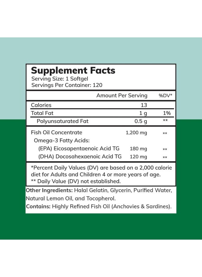 Fish Oil 1200Mg Omega-3 300Mg With Premium Epa/Dha, One-Per-Day, Supports Brain, Heart And Cardiovascular Health, Keto Friendly, Gluten-Free, 120 Softgels, Made In Usa, Halal Vitamins
