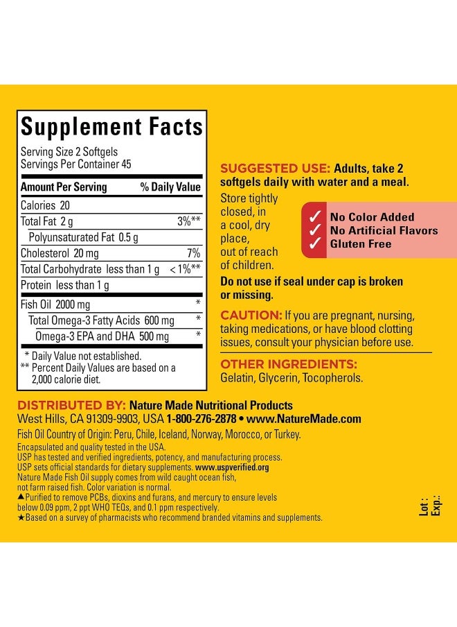 Fish Oil 1000 Mg, 90 Softgels, Omega 3 Supplement For Heart Health