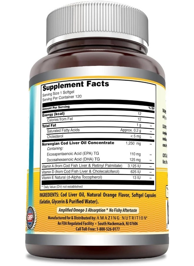 Omega Norwegian Cod Liver Oil Softgels (1250Mg, 120 Pieces)