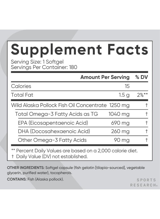 Omega-3 Fish Oil, Triple Strength, 1250 Mg, 180 Softgels