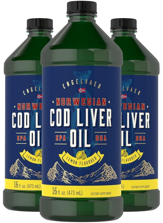 Cod Liver Oil Liquid | 16 Fl Oz | Pack Of 3 Bottles | Lemon Flavor | Norwegian | Non Gmo, Gluten Free