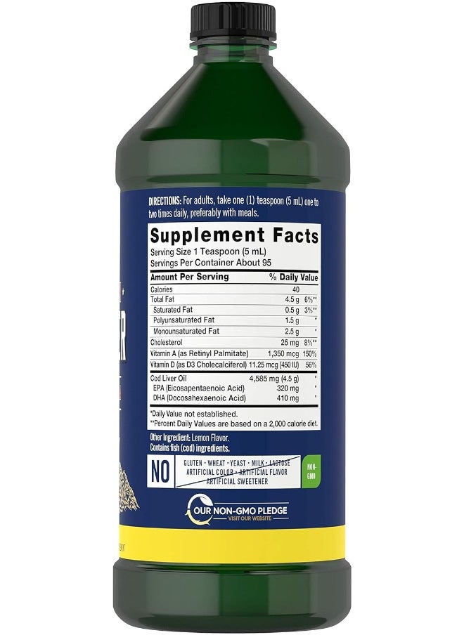 Cod Liver Oil Liquid | 16 Fl Oz | Pack Of 3 Bottles | Lemon Flavor | Norwegian | Non Gmo, Gluten Free