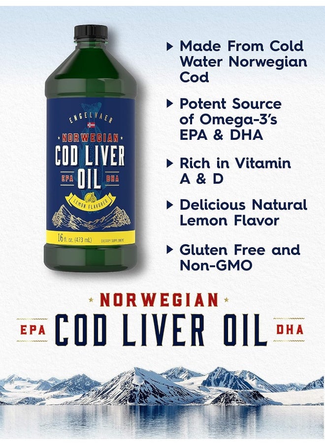 Cod Liver Oil Liquid | 16 Fl Oz | Pack Of 3 Bottles | Lemon Flavor | Norwegian | Non Gmo, Gluten Free