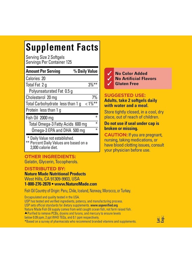 Fish Oil 1000 Mg Softgels, Omega 3 Fish Oil For Healthy Heart Support, Supplement With 250 Softgels, 125 Day Supply