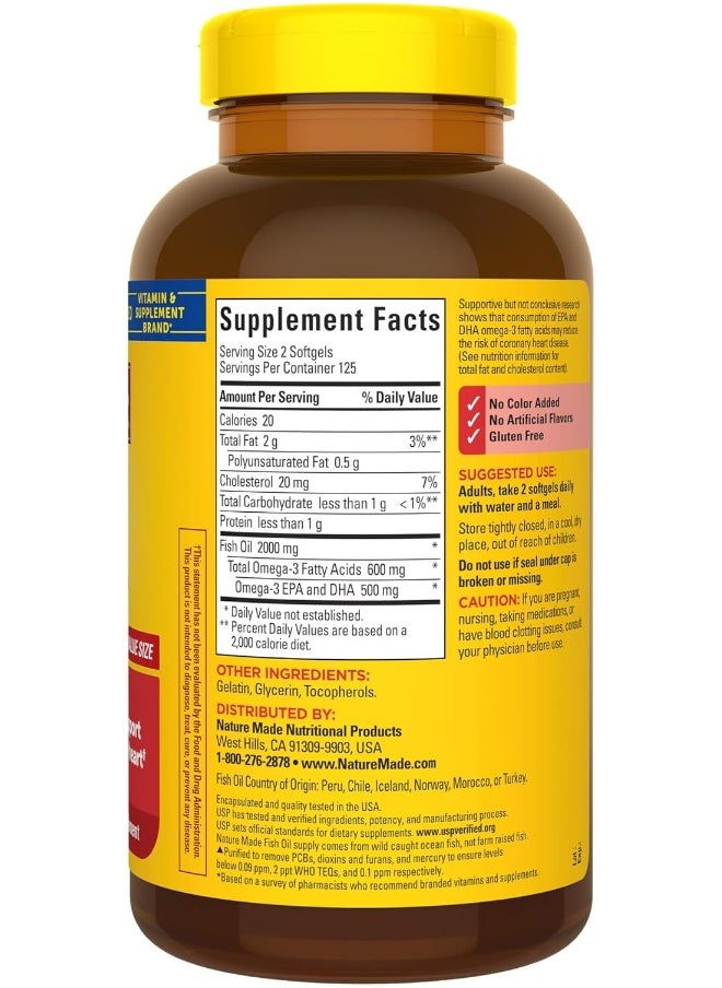 Fish Oil 1000 Mg Softgels, Omega 3 Fish Oil For Healthy Heart Support, Supplement With 250 Softgels, 125 Day Supply