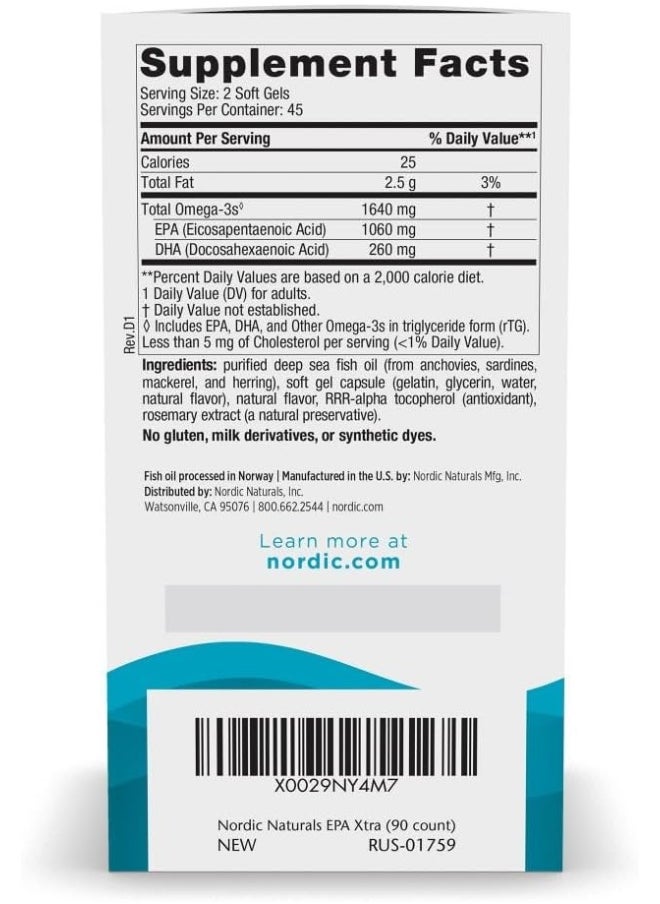 Epa Xtra - 1640 Mg Omega-3S Including 1060 Mg Epa, Potent Dose To Support Cardiovascular, Immune And Mood Health*, Lemon Flavored, 90 Count