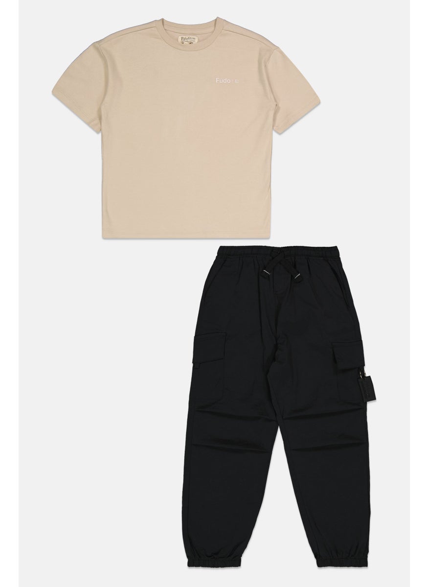 Kids Boy 2pc Crew Neck Short Sleeves Printed T-shirt And Cargo Pant, Beige/Black