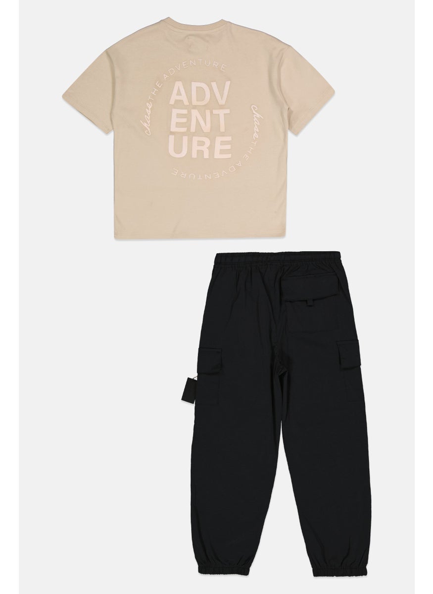 Kids Boy 2pc Crew Neck Short Sleeves Printed T-shirt And Cargo Pant, Beige/Black