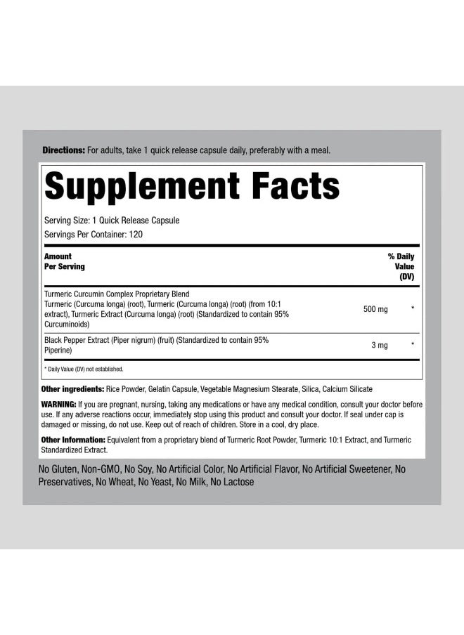 Piping Rock Standardised Turmeric Curcumin Complex 500 Mg 120 Quick Release Capsules Herbal Supplement