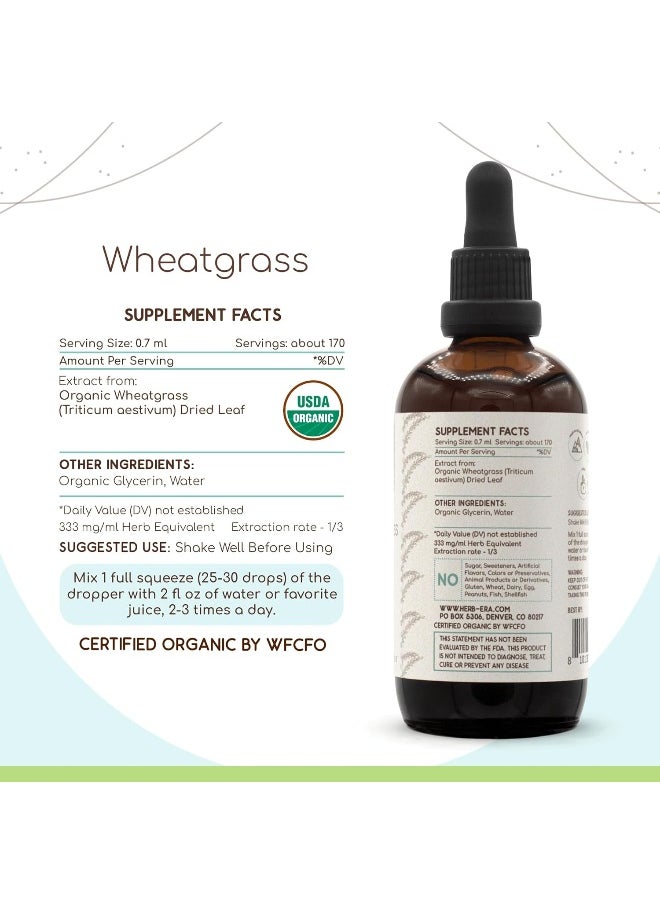 HerbEra Wheatgrass B120 USDA Organic Tincture | Alcohol-Free Extract, High-Potency Herbal Drops, Liquid Supplement | Certified Organic Wheatgrass (Triticum aestivum) Dried Leaf (4 oz)
