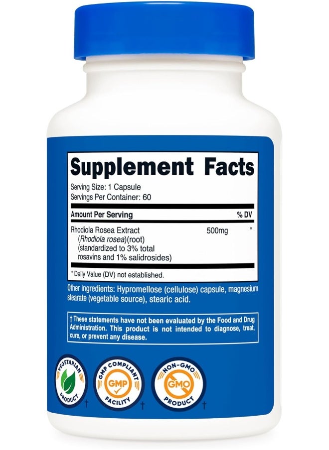 Nutricost Rhodiola Rosea 500mg, 60 Vegetarian Capsules - Gluten Free and Non-GMO Rhodiola Rosea Supplement
