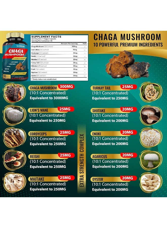 Chaga Mushroom Extract Capsules Equivalent To 5050Mg And Lions Mane, Cordyceps And More, Digestive Health, Anti-Aging, Immune Support, Energy Boost, Rich In Antioxidants And Nutrients, 3 Months Supply