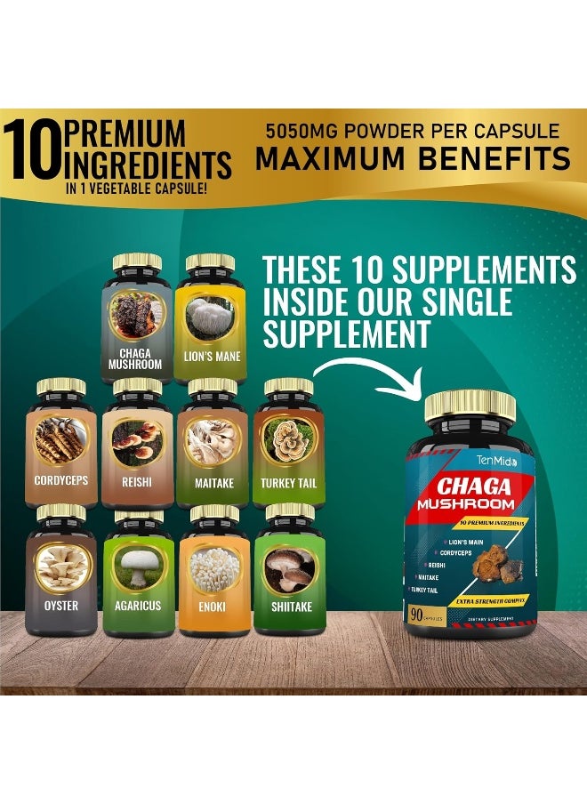 Chaga Mushroom Extract Capsules Equivalent To 5050Mg And Lions Mane, Cordyceps And More, Digestive Health, Anti-Aging, Immune Support, Energy Boost, Rich In Antioxidants And Nutrients, 3 Months Supply