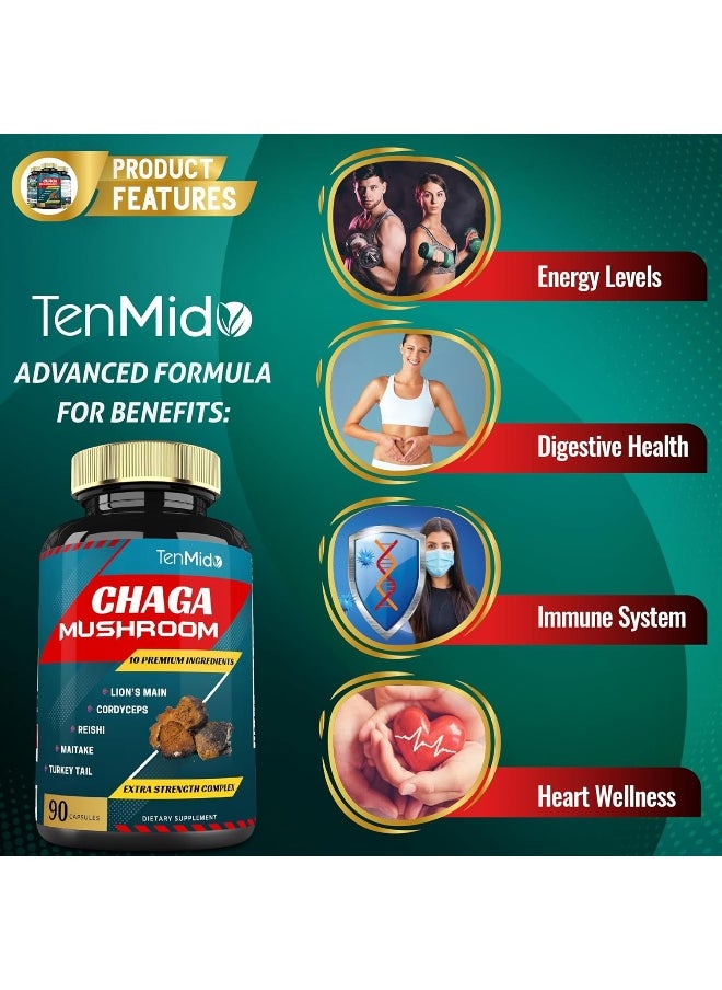 Chaga Mushroom Extract Capsules Equivalent To 5050Mg And Lions Mane, Cordyceps And More, Digestive Health, Anti-Aging, Immune Support, Energy Boost, Rich In Antioxidants And Nutrients, 3 Months Supply