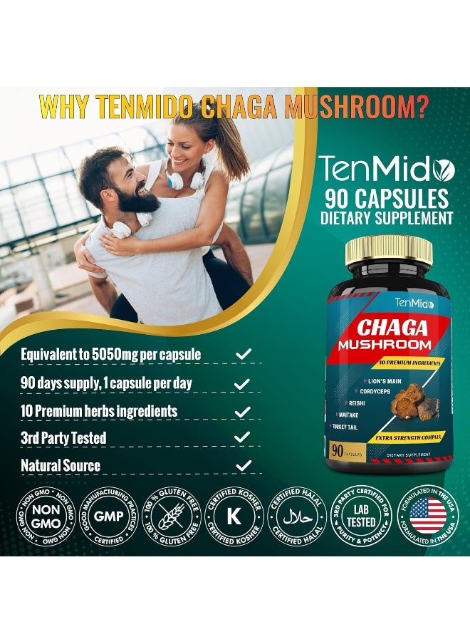 Chaga Mushroom Extract Capsules Equivalent To 5050Mg And Lions Mane, Cordyceps And More, Digestive Health, Anti-Aging, Immune Support, Energy Boost, Rich In Antioxidants And Nutrients, 3 Months Supply