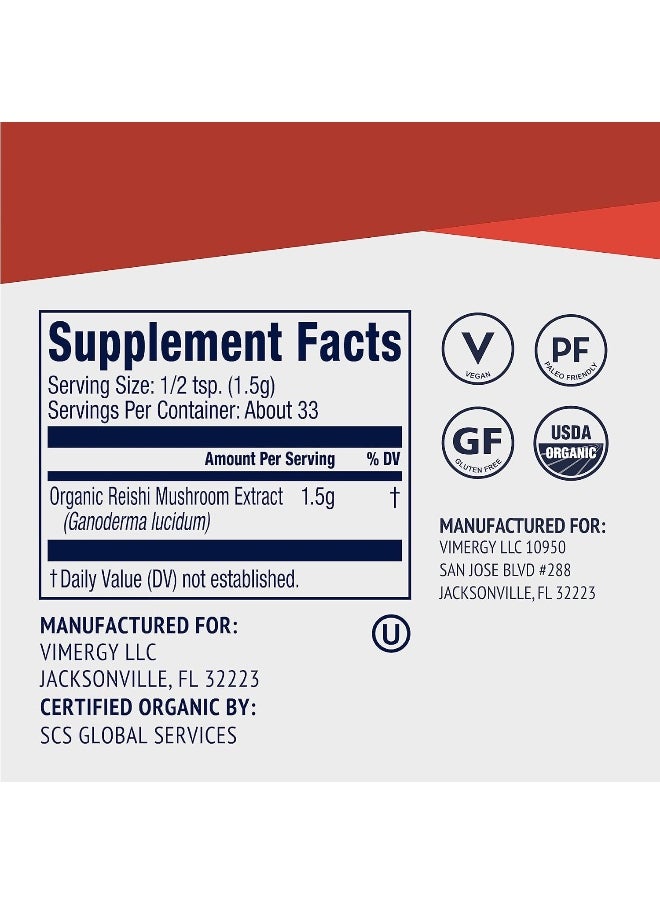 Vimergy USDA Organic Reishi Mushroom Extract Powder, 33 Servings – Red Reishi Mushroom - Supports Healthy Immune System - Non-GMO, Kosher, Gluten-Free, Vegan, Paleo - 100% Pure with Zero Fillers (50g)